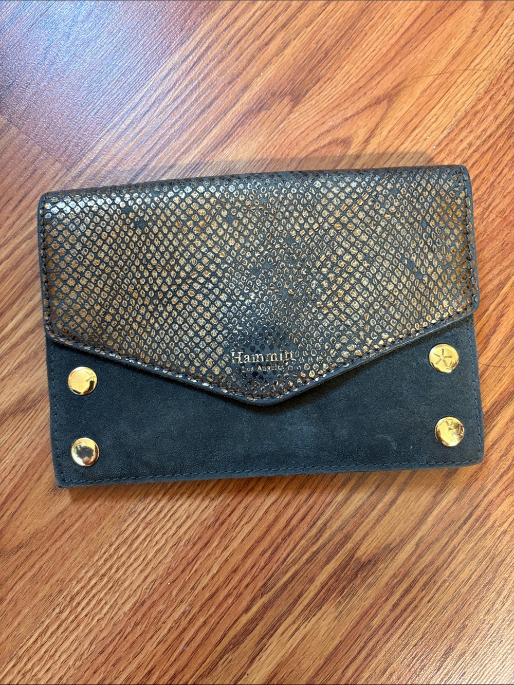 Hammitt Grey Suede and Gold Snake-Embossed Envelope Wallet